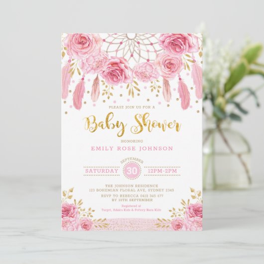 BohoのバラのDreamcatcherのピンクの金ゴールドの女の子のベビーシャワー 招待状 (スタンド正面)