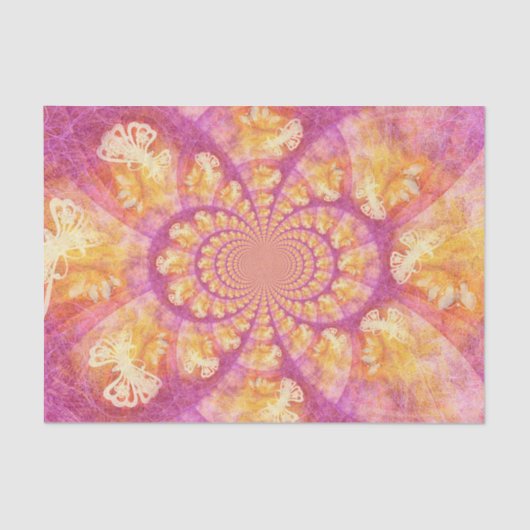 Bohoのヒッピーの紫色の金ゴールドの万華鏡のように千変万化するパターンの蝶 薄葉紙 (正面)