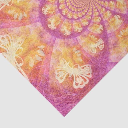 Bohoのヒッピーの紫色の金ゴールドの万華鏡のように千変万化するパターンの蝶 薄葉紙 (詳細)