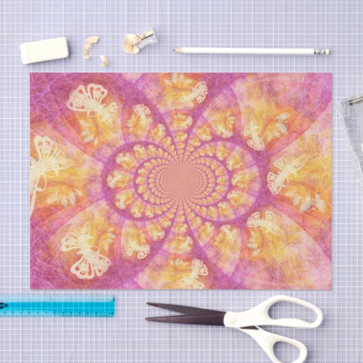 Bohoのヒッピーの紫色の金ゴールドの万華鏡のように千変万化するパターンの蝶 薄葉紙 (クラフト)