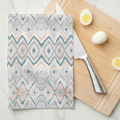 Bohoのビーチのダイヤモンドのシェブロンのティール(緑がかった色)のモモの淡い色のな灰色 キッチンタオル (四つ折り)