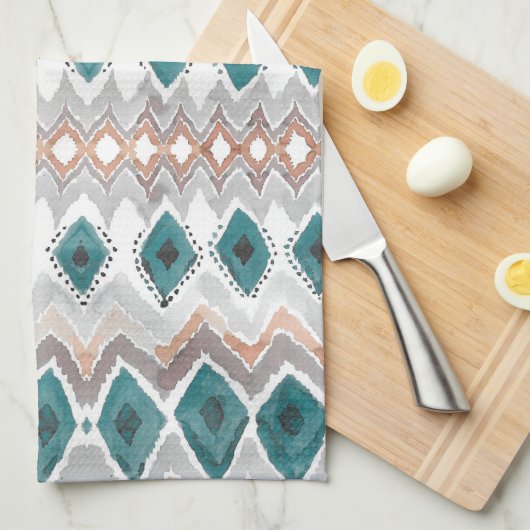 Bohoのビーチのティール（緑がかった色）のモモの淡い色のな灰色の水彩画の洗浄 キッチンタオル (四つ折り)