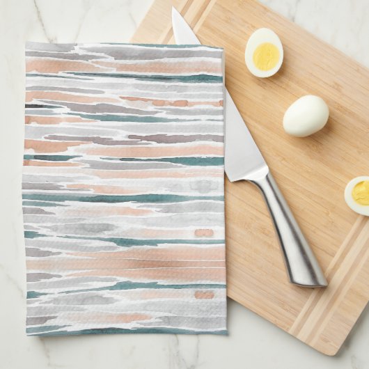 Bohoのビーチの水彩画のストライプなティール（緑がかった色）のモモの淡い色のな灰色 キッチンタオル (四つ折り)