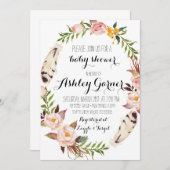 Bohoのベビーシャワーの招待状、羽、花 招待状 (正面/裏面)