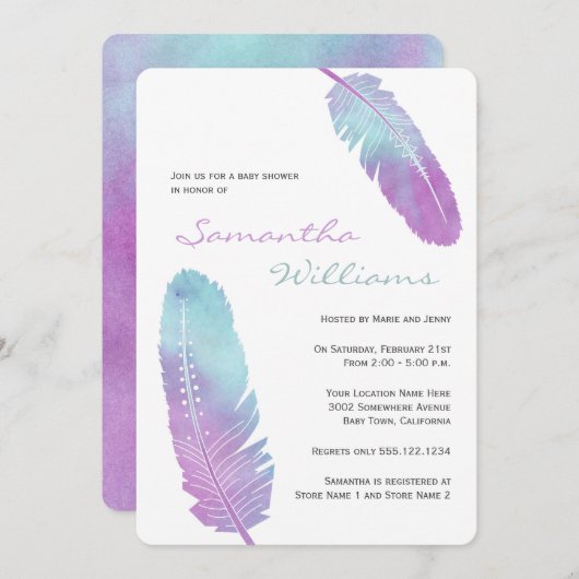 Bohoのボヘミアの羽の紫色のベビーシャワー 招待状 (正面/裏面)