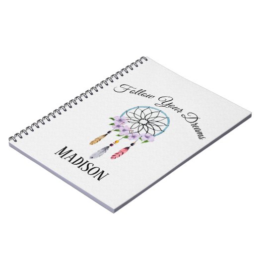 Bohoの夢のキャッチャーの花の花のパーソナライズな名前 ノートブック (左側)
