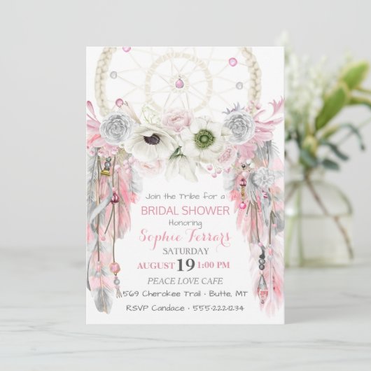 Bohoの夢のキャッチャーはピンクの灰色のアイボリーに羽をつけます 招待状 (スタンド正面)