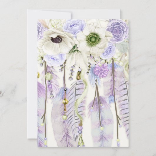 Bohoの夢のキャッチャーはラベンダーの緑に羽をつけます 招待状 (裏面)