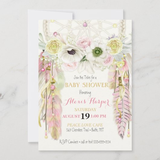 Bohoの夢のキャッチャーは水晶のピンクの黄色に羽をつけます 招待状 (正面)