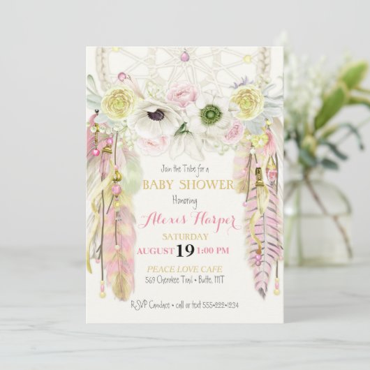 Bohoの夢のキャッチャーは水晶のピンクの黄色に羽をつけます 招待状 (スタンド正面)