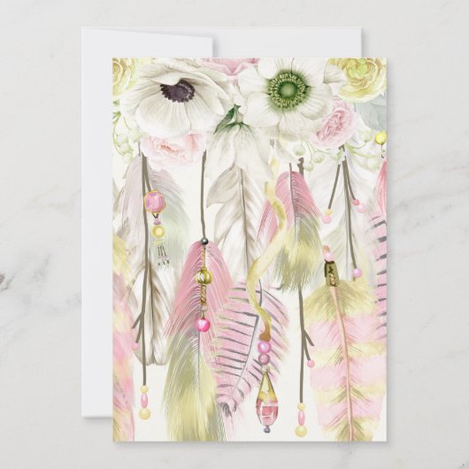 Bohoの夢のキャッチャーは水晶のピンクの黄色に羽をつけます 招待状 (裏面)