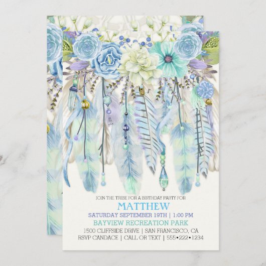 Bohoの夢のキャッチャーは青緑に羽をつけます 招待状 (正面/裏面)