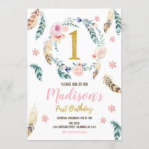 Bohoの女の子のための種族の第1誕生日の招待状