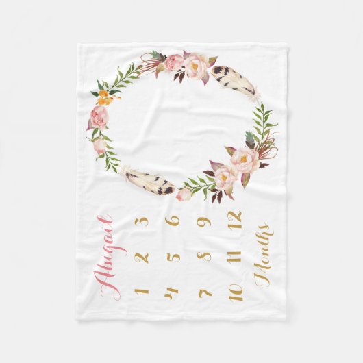 Bohoの女の赤ちゃんのマイル標石の月例ベビーブランケット フリースブランケット (正面)