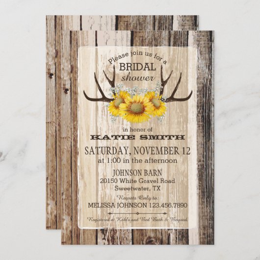 Bohoの木製のヒマワリの(雄ジカの)枝角の素朴なブライダルシャワー 招待状 (正面/裏面)