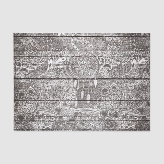 Bohoの木製白く素朴なdreamcatcherの花柄の落書き 薄葉紙 (正面)