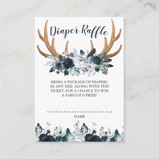 Bohoの枝角海軍花のベビーシャワーのおむつのラッフル エンクロージャーカード (正面)