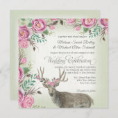 BOHOの正方形のばら色の花の王冠のシカの枝角の賢人 招待状 (正面/裏面)