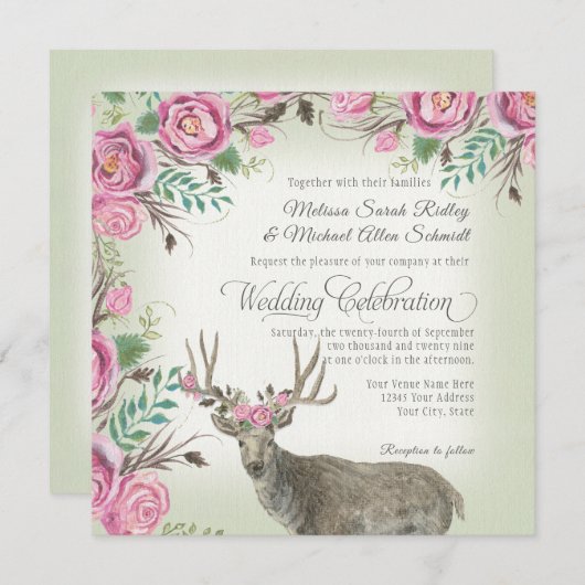 BOHOの正方形のばら色の花の王冠のシカの枝角の賢人 招待状 (正面/裏面)