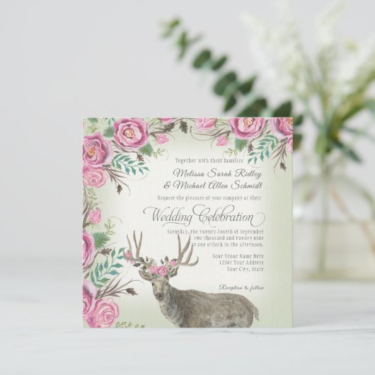 BOHOの正方形のばら色の花の王冠のシカの枝角の賢人 招待状 (スタンド正面)