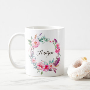 Bohoの水彩画のピンクのシャクヤクの花のリース コーヒーマグカップ