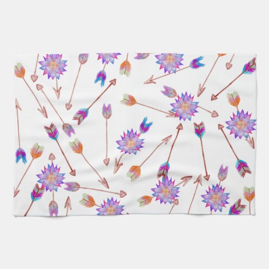 Bohoの水彩画の手塗りの花および矢 キッチンタオル (横)