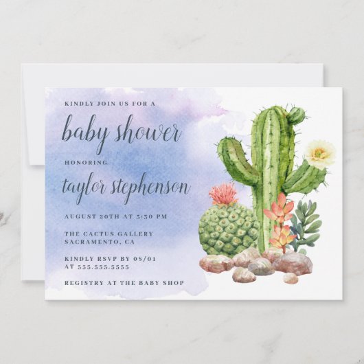 Bohoの水彩画の水気が多いサボテンのベビーシャワー 招待状 (正面)