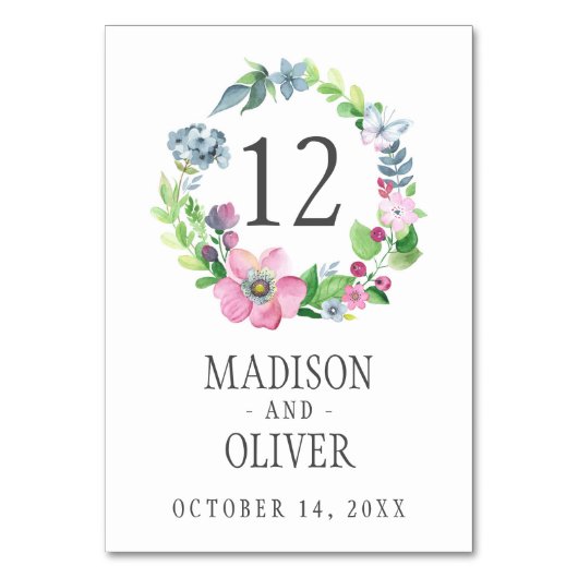 Bohoの水彩画の花柄及び蝶結婚する| テーブルナンバー (正面)