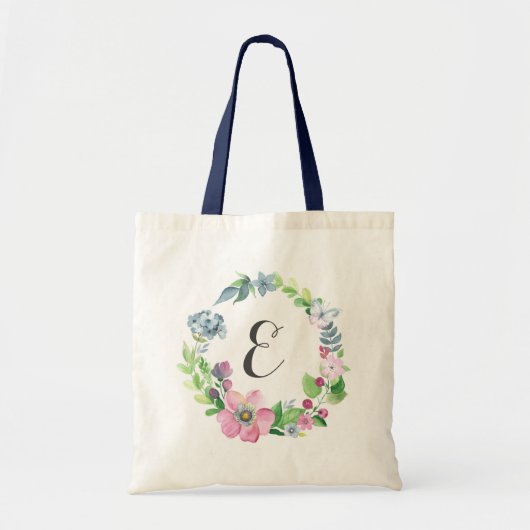 Bohoの水彩画の花柄及び蝶|モノグラム トートバッグ (正面)