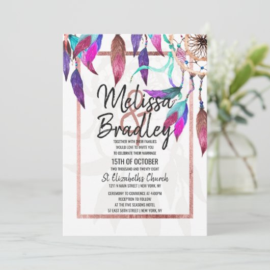 Bohoの水彩画のDreamcatcherのばら色の金ゴールドの結婚 招待状 (スタンド正面)