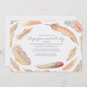 bohoの水彩画は種族の婚約パーティに羽をつけます 招待状 (正面/裏面)