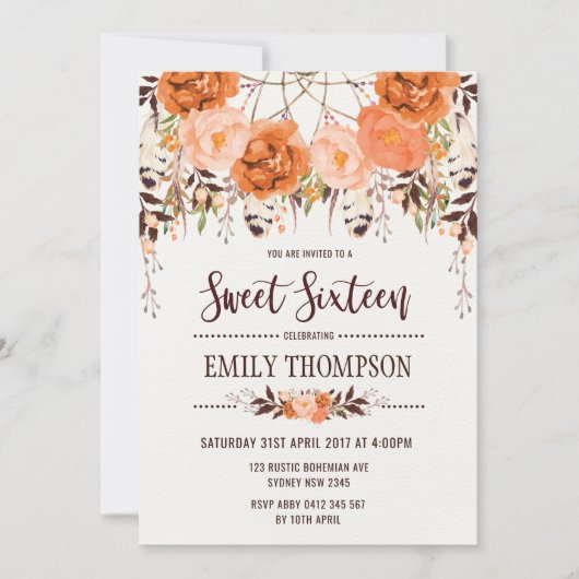 Bohoの秋の花のSweet sixteenのDreamcatcherカード 招待状 (正面)