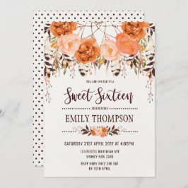 Bohoの秋の花のSweet sixteenのDreamcatcherカード 招待状