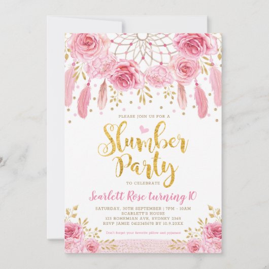 Bohoの種族のピンクのバラのDreamcatcherのスランバー・パーティー 招待状 (正面)
