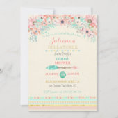 Bohoの種族のモモのミントの矢の花柄の水彩画 招待状 (正面)