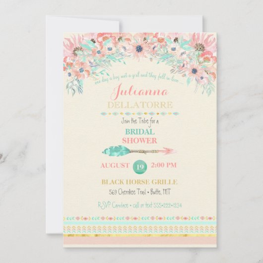 Bohoの種族のモモのミントの矢の花柄の水彩画 招待状 (正面)