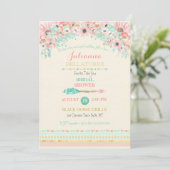 Bohoの種族のモモのミントの矢の花柄の水彩画 招待状 (スタンド正面)