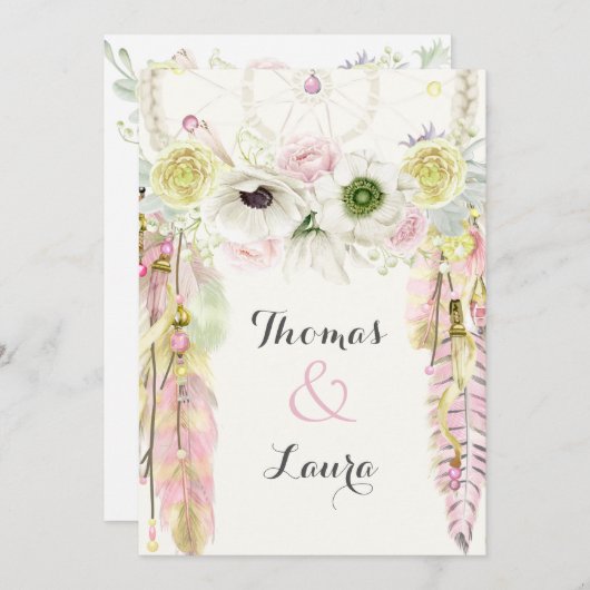 Bohoの種族の夢のキャッチャーの水彩画のピンクの黄色 招待状 (正面/裏面)