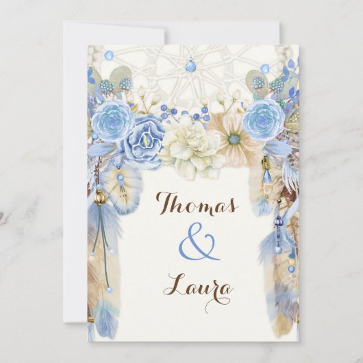 Bohoの種族の夢のキャッチャーの水彩画の青いベージュ色 招待状 (正面)