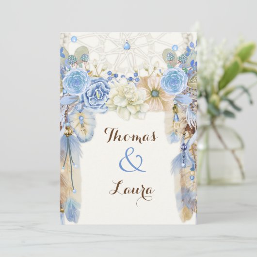 Bohoの種族の夢のキャッチャーの水彩画の青いベージュ色 招待状 (スタンド正面)