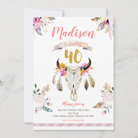 Bohoの種族の花のスカルの第40誕生日の招待状 招待状 (正面)