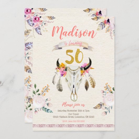 Bohoの種族の花のスカルの第50誕生日の招待状 招待状 (正面/裏面)