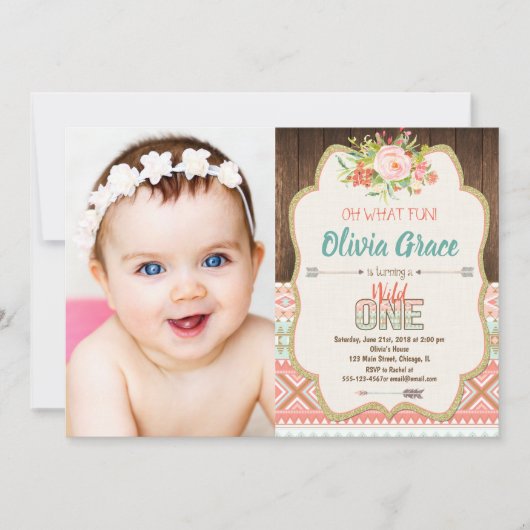 Bohoの種族の野生の1つの女の子の第1誕生日の写真 招待状 (正面)