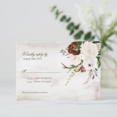 Bohoの素朴な木及びバーガンディの花のばら色の結婚式 出欠カード (スタンド正面)