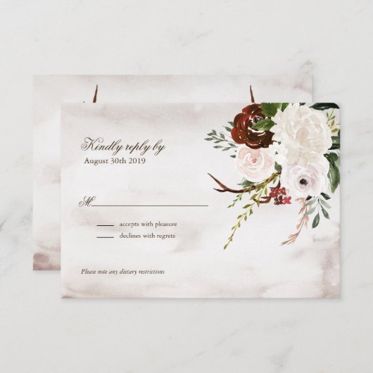 Bohoの素朴な木及びバーガンディの花のばら色の結婚式 出欠カード (正面/裏面)