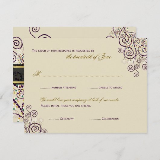 Bohoの紫色のらせん状/バルミツワーRSVPカードは禁止します 出欠カード (正面/裏面)