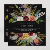 Bohoの結婚ブルゴーニュとオレンジ色の花が黒 招待状 (正面/裏面)