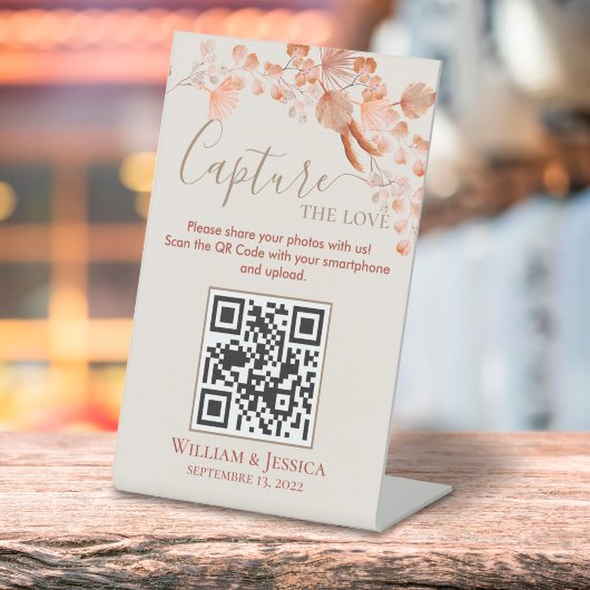 Bohoの結婚写真共有パンパスグラスQRコード 台座サイン