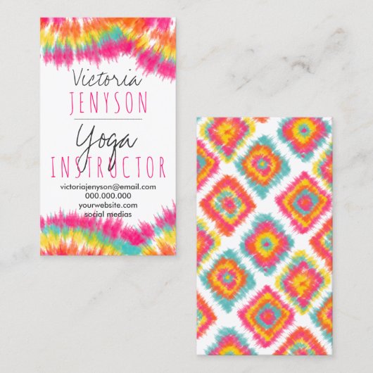 Bohoの絞り染めのピンクのティール(緑がかった色)の水彩画のヨガのインストラクター 名刺 (正面/裏面)