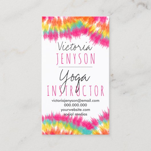 Bohoの絞り染めのピンクのティール（緑がかった色）の水彩画のヨガのインストラクター 名刺 (正面)